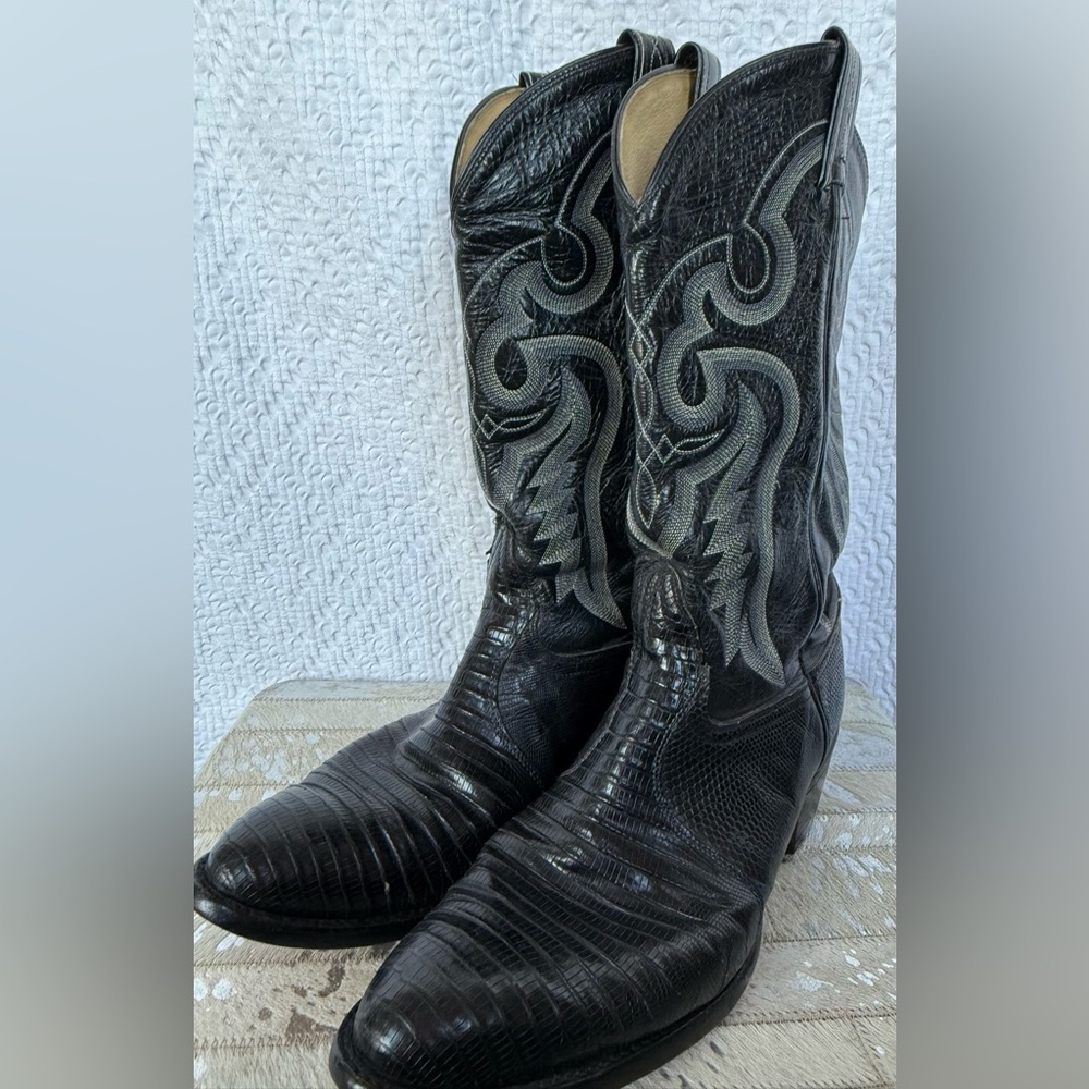 Tony Lama Nacogdoches black teju lizard Western Cowboy Boots Size 9 EE
